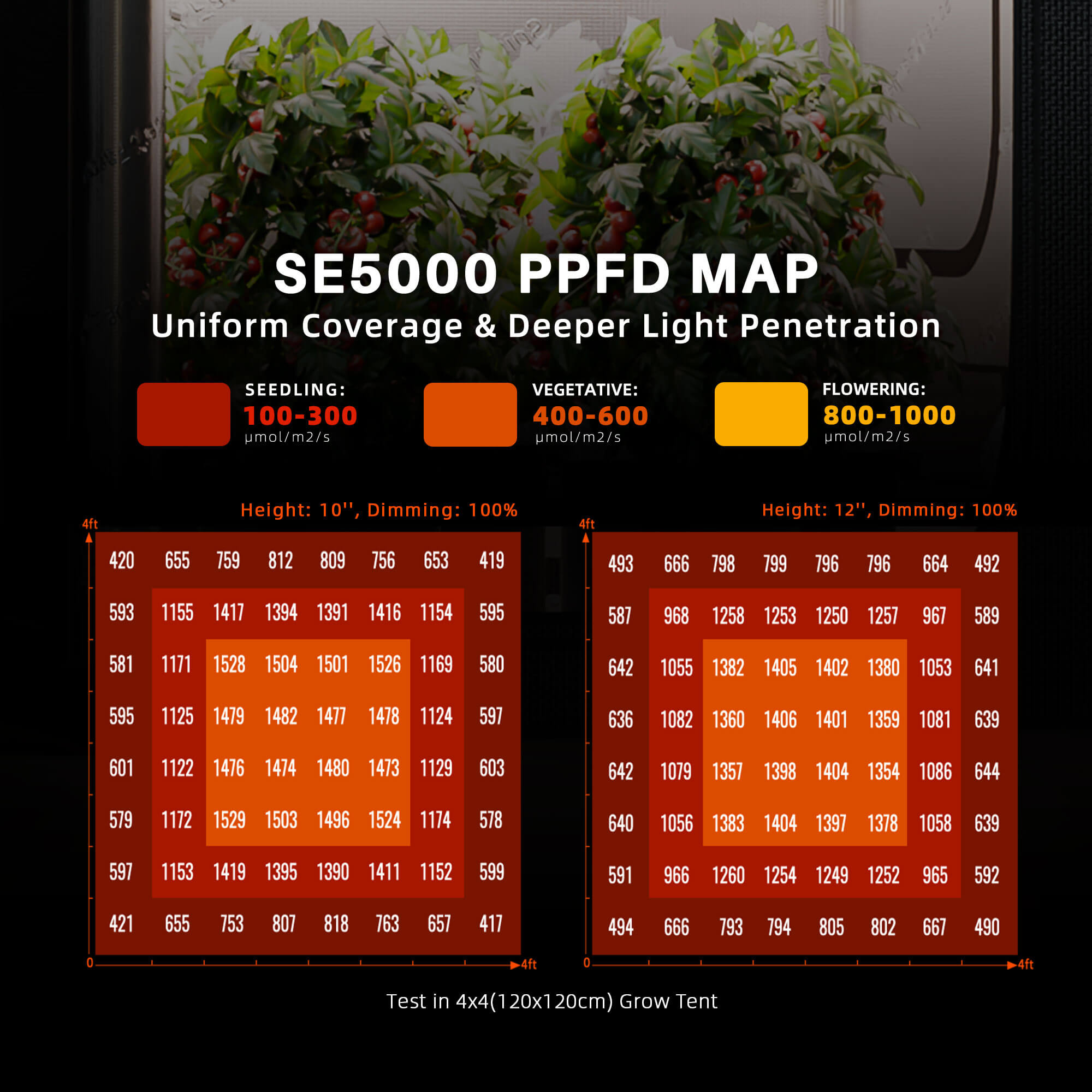 Lámpara de cultivo LED Spider Farmer® SE5000 de 480 W, Samsung LM301H EVO, regulable, con Bluetooth y WiFi, control inteligente por aplicación, alto rendimiento para carpa de cultivo de 1,2 x 1,2 m. - Imagen 6